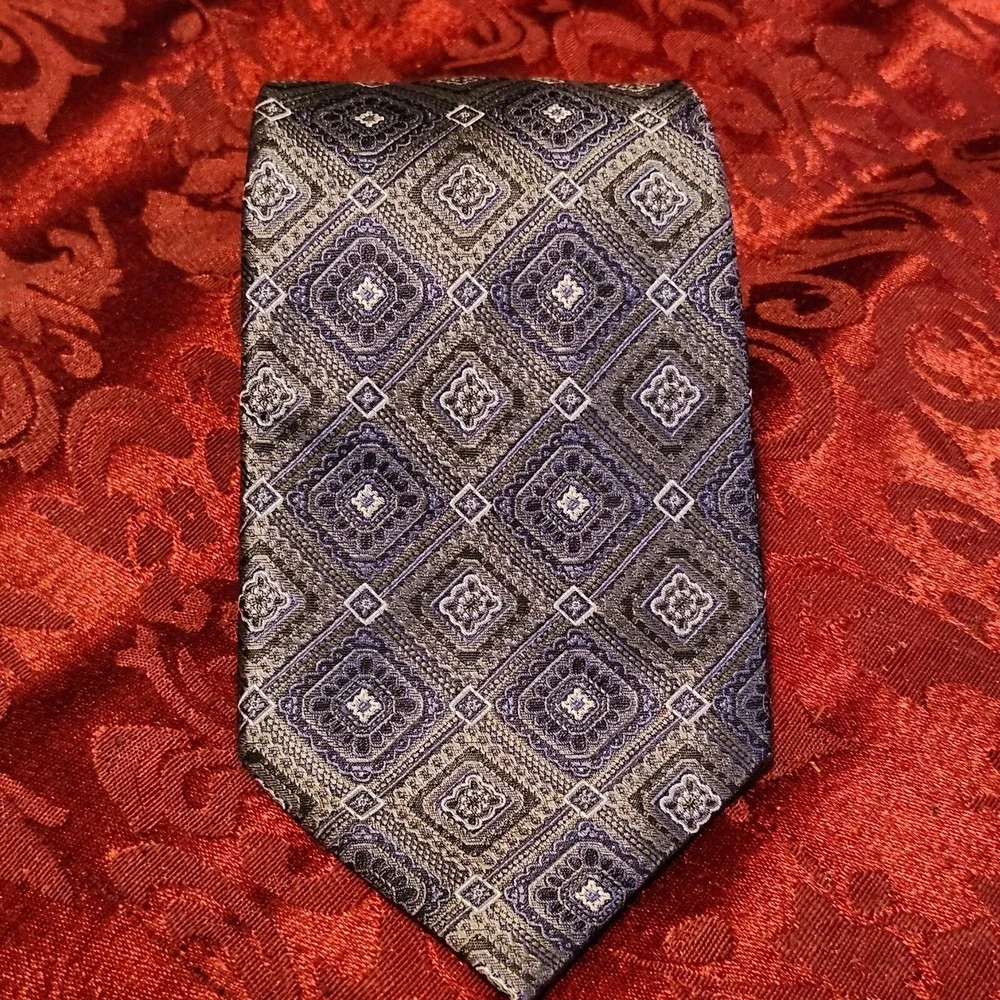 Burma Bibas Blue and Silver Geometric Pattern 100% Silk Tie